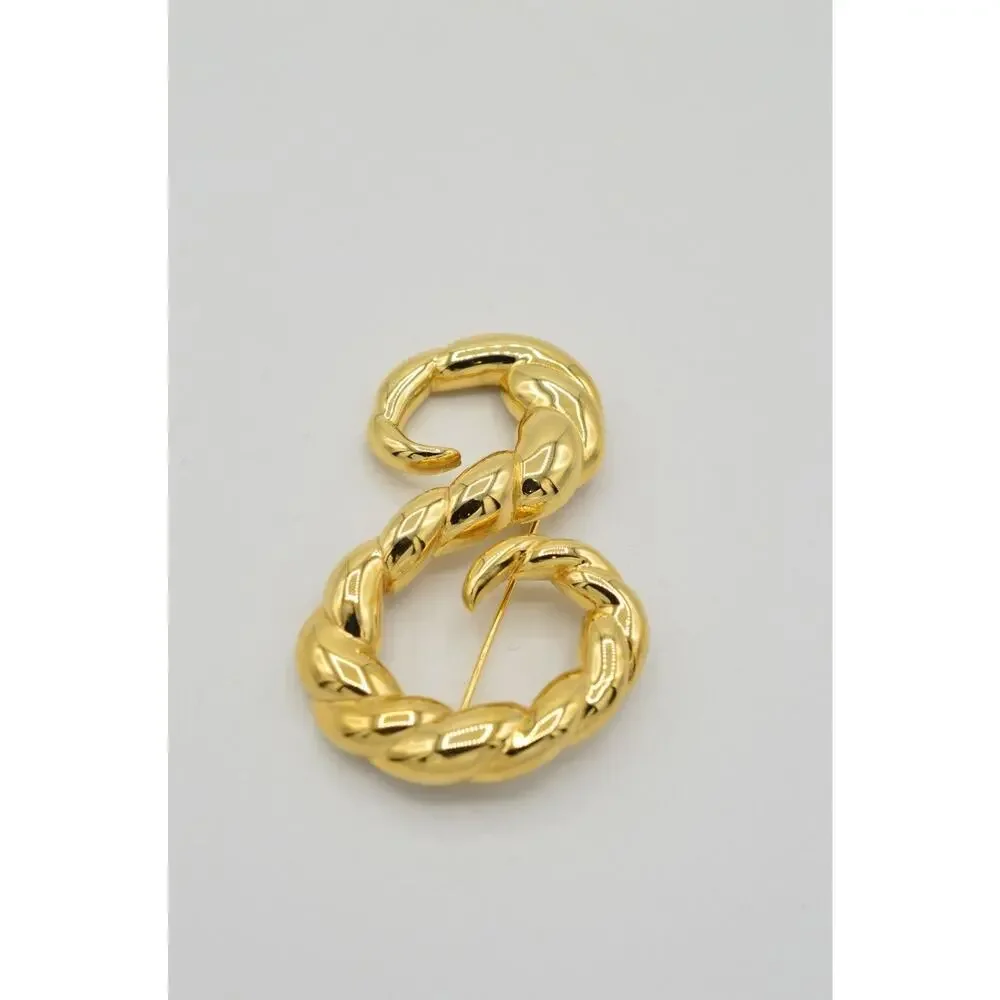 Vintage Rope Pin Brooch Gold Tone Metal Twisted Chunky Abstract 1980s 9B